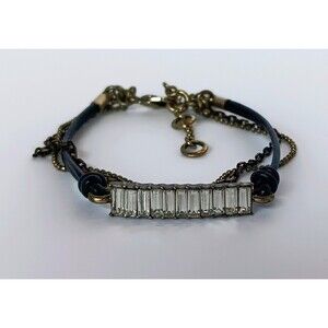 Chloe + Isabel Black Leather Baguette Crystal Bar Charm Chain Bracelet 6.5-8 in